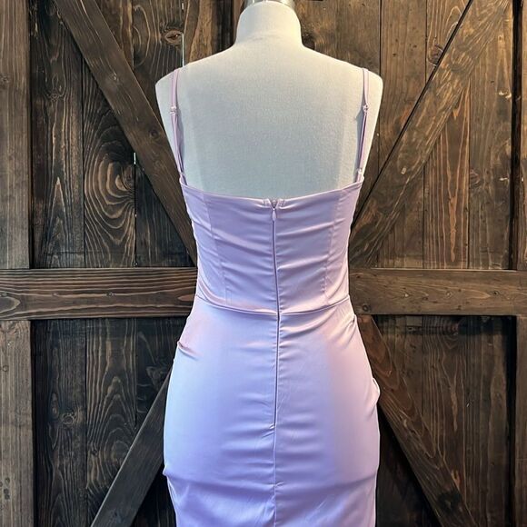 NWT Satin Dress Spaghetti Strap Backless Ruched Bodycon Split Maxi Elegant Dress - Picture 7 of 13